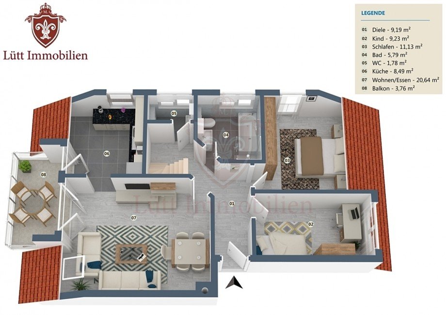 Grundriss 3D Maisonettewohnung Hamburg / Lokstedt